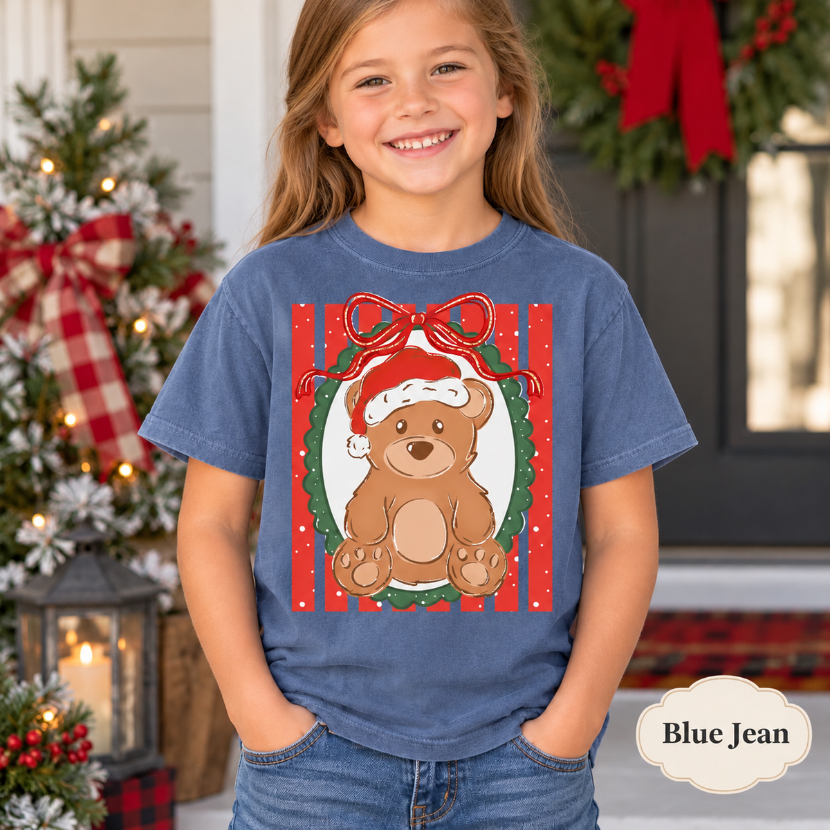 Christmas Teddy Bear Bow Graphic Tee — Blue Jean