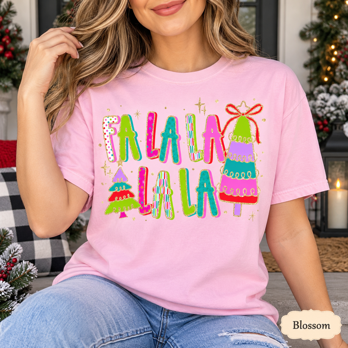 Fa La La Colorful Christmas Trees Graphic Tee — Blossom