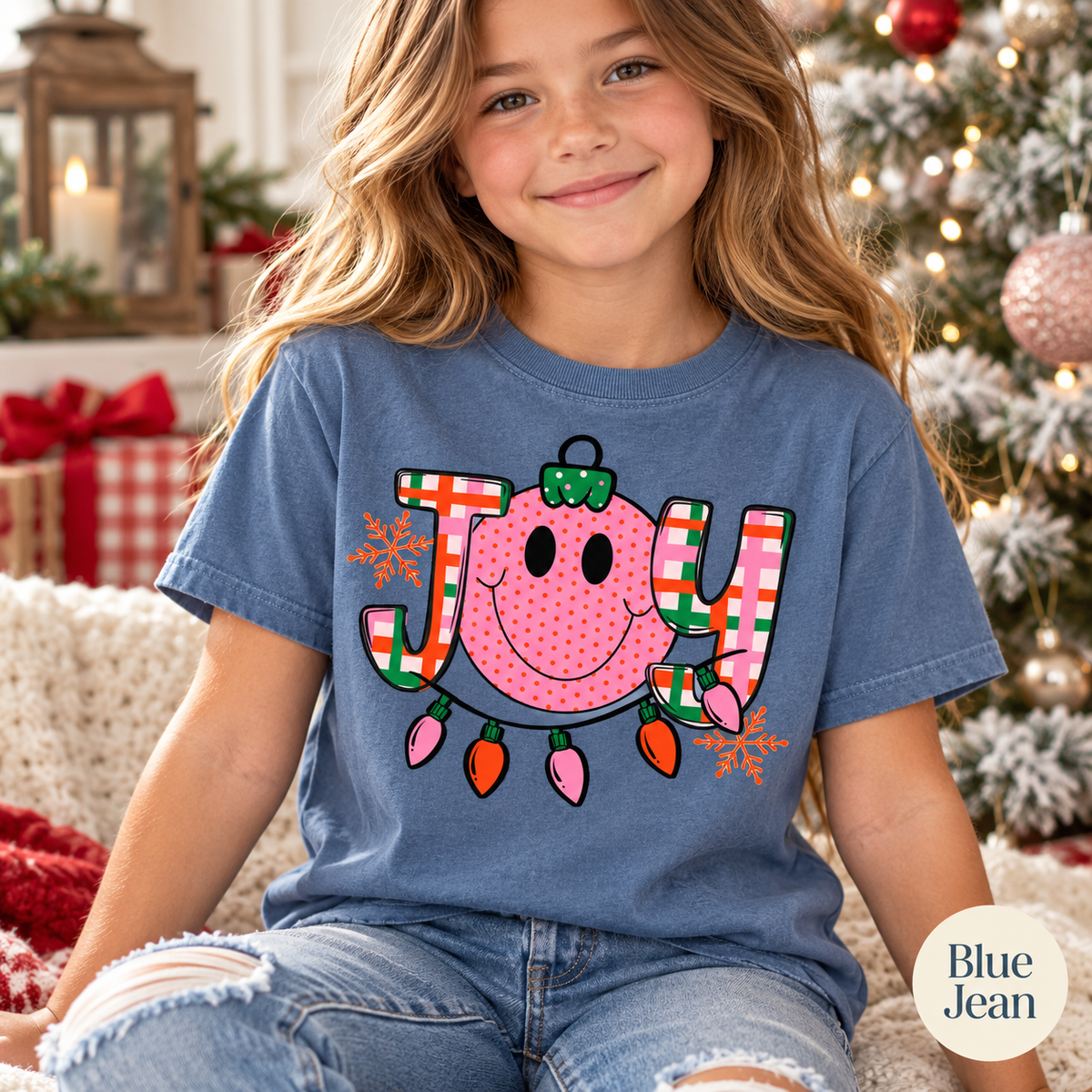 Joy Smiley Christmas Graphic Tee — Blue Jean