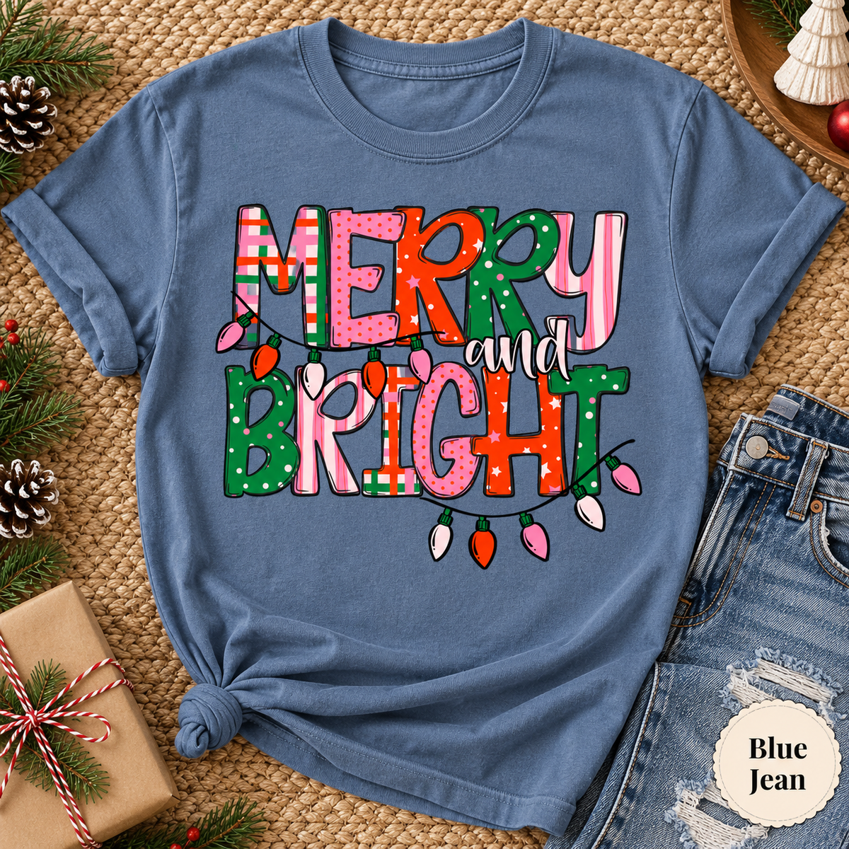Merry and Bright Christmas Lights Graphic Tee — Blue Jean