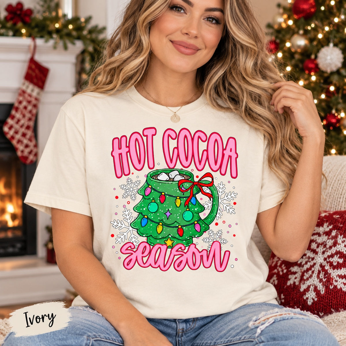 Hot Cocoa Season Christmas Tree Mug Graphic Tee