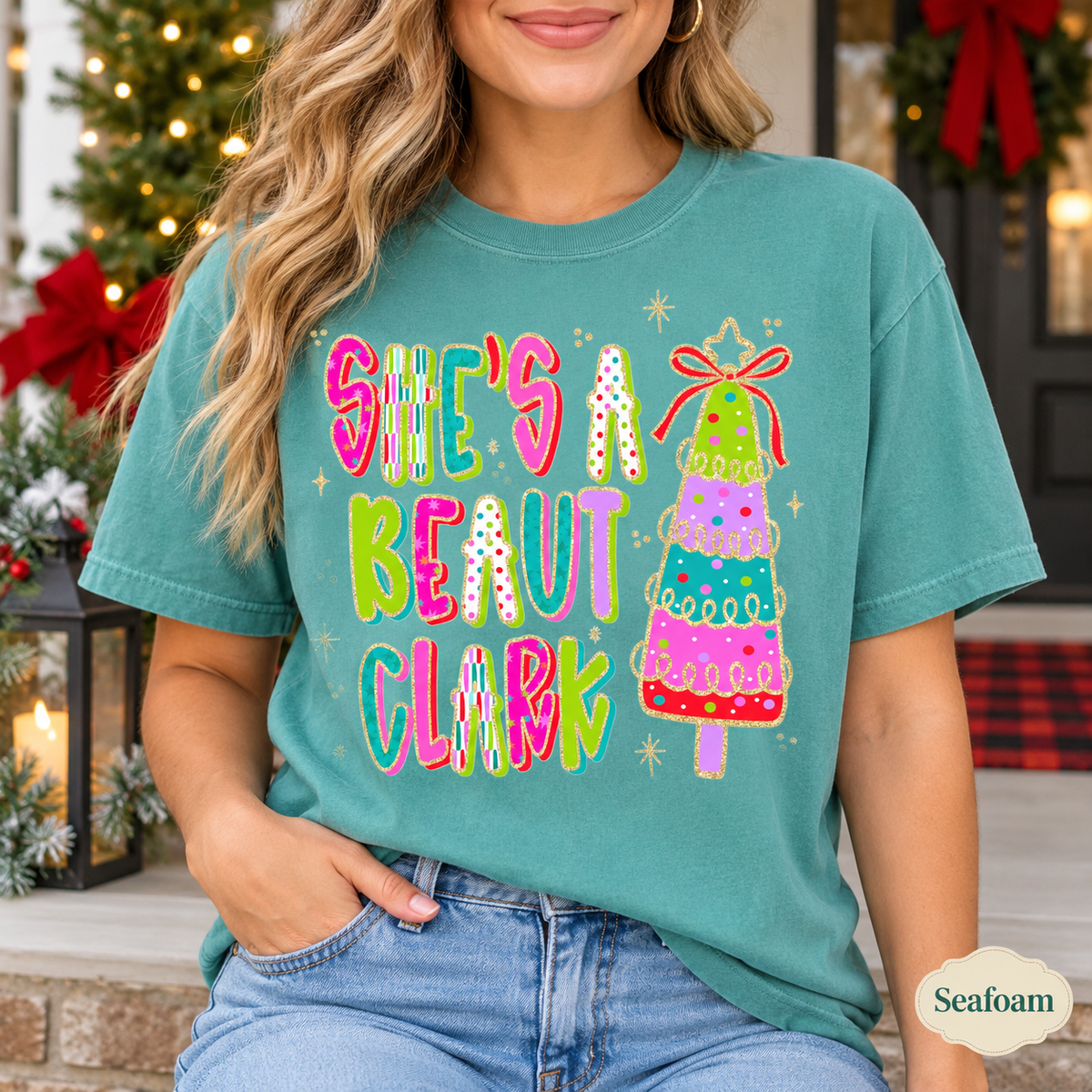She's a Beaut Clark Colorful Christmas Tree Graphic Tee — Seafoam