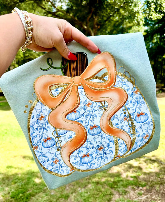 Blue Floral Pumpkin with Orange Bow